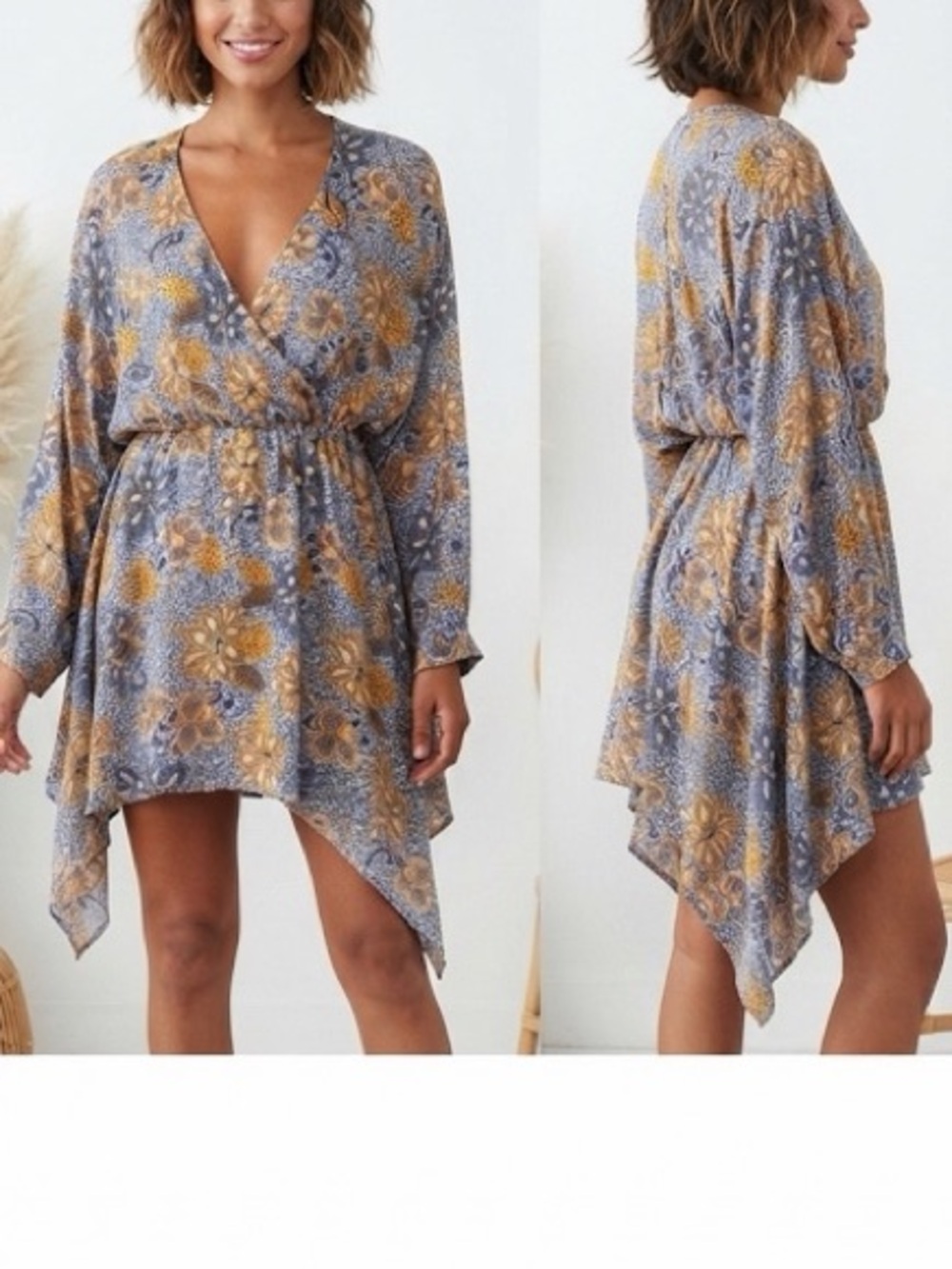 Free People Teegan Dress Longsleeve Size Large Pockets Blue Yellow Boho